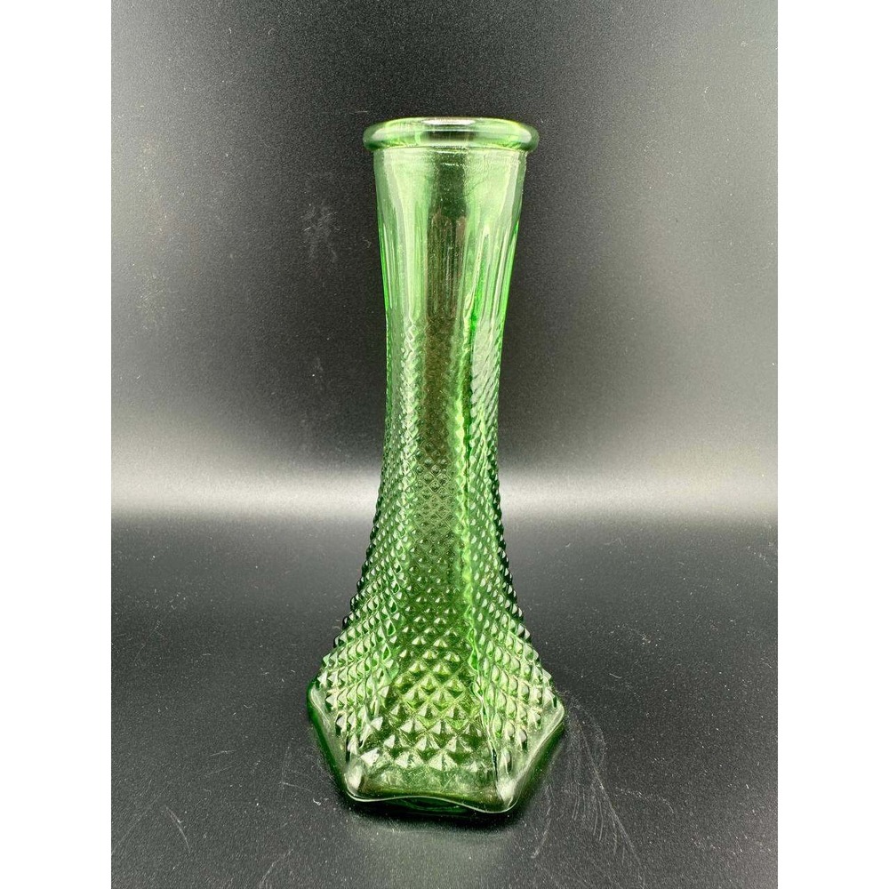 Vintage EO Brody Co Green Glass Bud Vase‎ Hexagon Diamond Point 6.5" 013-1